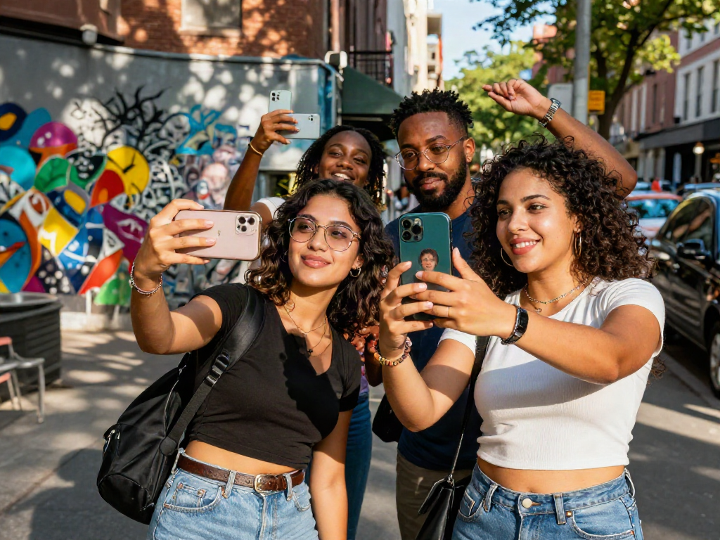 Friends enjoying an outdoor day comparing selfies to find celebs I look like in a vibrant city scene.