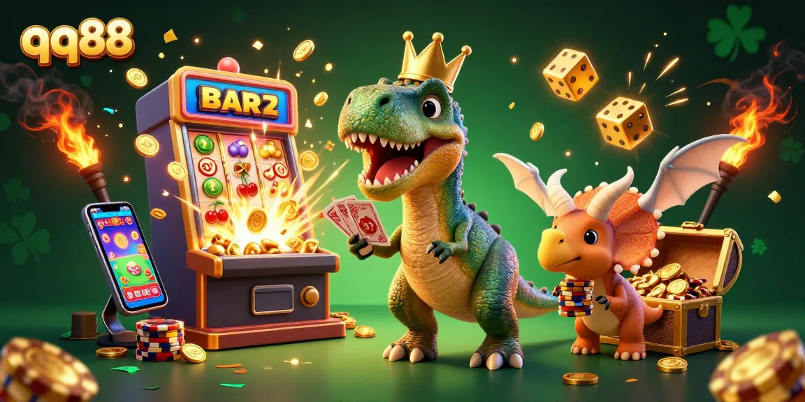 Engage with qq88's vibrant casino scene featuring playful dinosaurs enjoying classic games and jackpots.