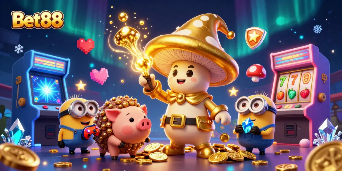 Experience the magic of Bet88 in a vibrant casino scene filled with golden treasures and classic game symbols.