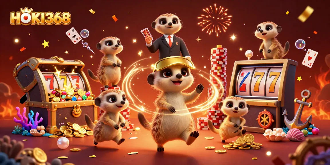 Experience thrilling gaming moments with HOKI368 in a 3D meerkat casino scene filled with vibrant slot reels and treasures.