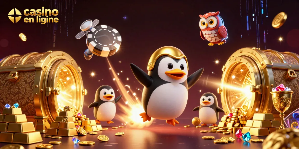 Explorez le casino en ligne à travers une illustration dynamique d'un pingouin doré en fusée, entouré de richesses scintillantes.