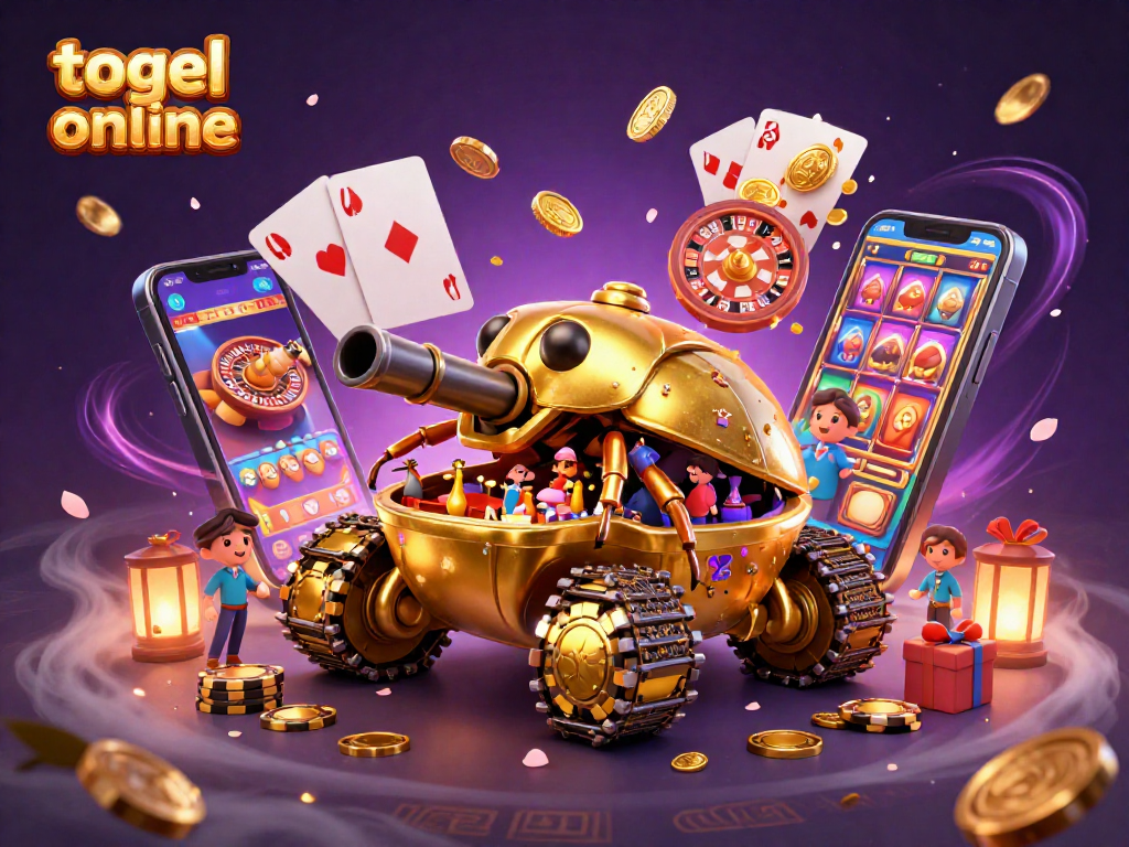 Engage with togel online as golden coins shower from a 3D smartphone amidst vibrant casino elements.