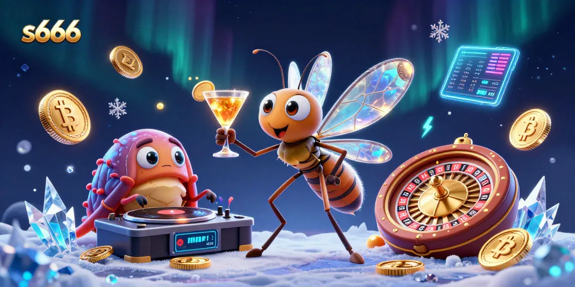 S666 casino games showcase with animated mascot, crypto coins, and roulette wheel.