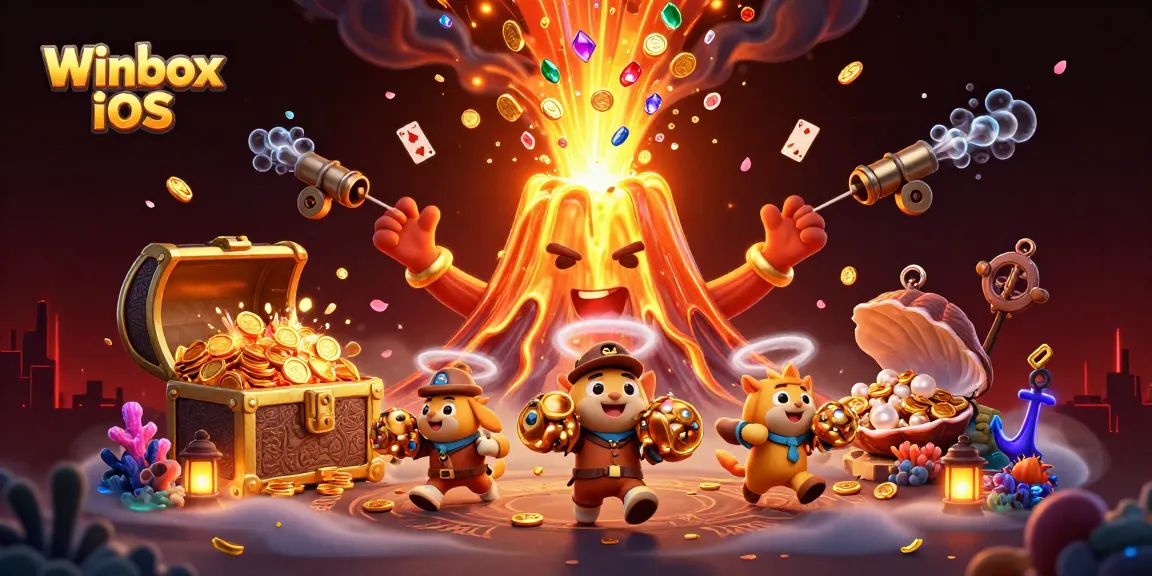 Winbox iOS app illustration depicting mobile gaming adventures with treasure-filled excitement and vibrancy.