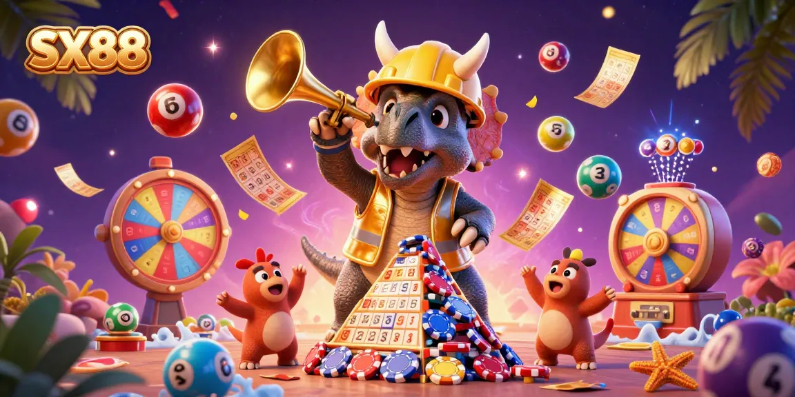 SX88 celebrates with lively characters in a vibrant casino setting featuring dynamic gaming elements.