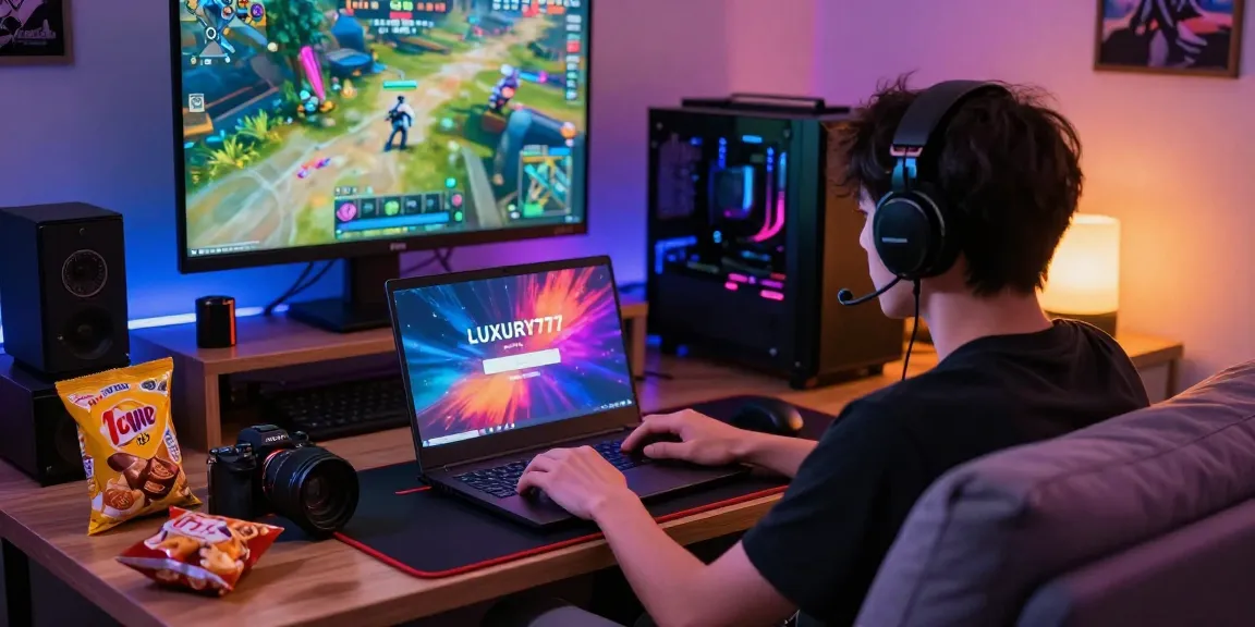 Menampilkan cara login LUXURY777 pada laptop di ruang bermain yang nyaman dengan suasana gaming yang mendukung.
