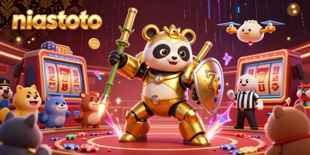 Experience high-energy casino action with niastoto's golden panda robot amidst vibrant slot machines and chips.