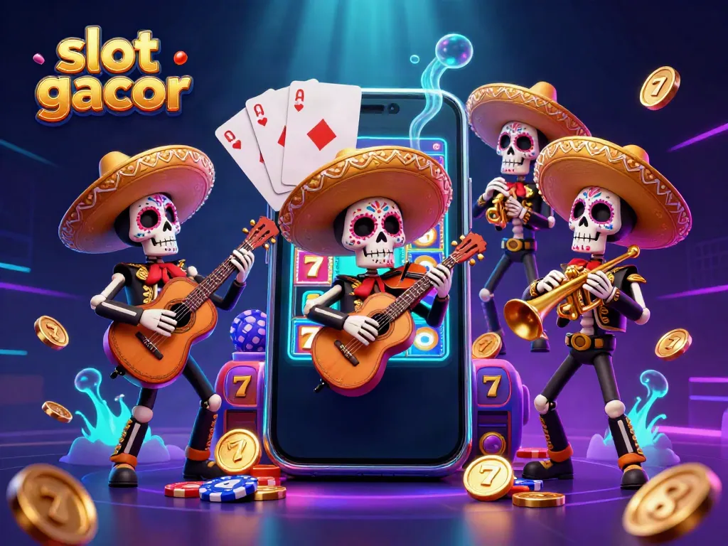 Ilustrasi meriah dari band mariachi kerangka merayakan keberuntungan slot gacor.
