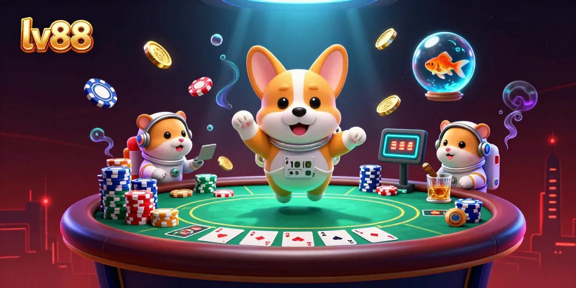 Experience the thrilling atmosphere of lv88 with a 3D space casino featuring a corgi and floating poker elements.