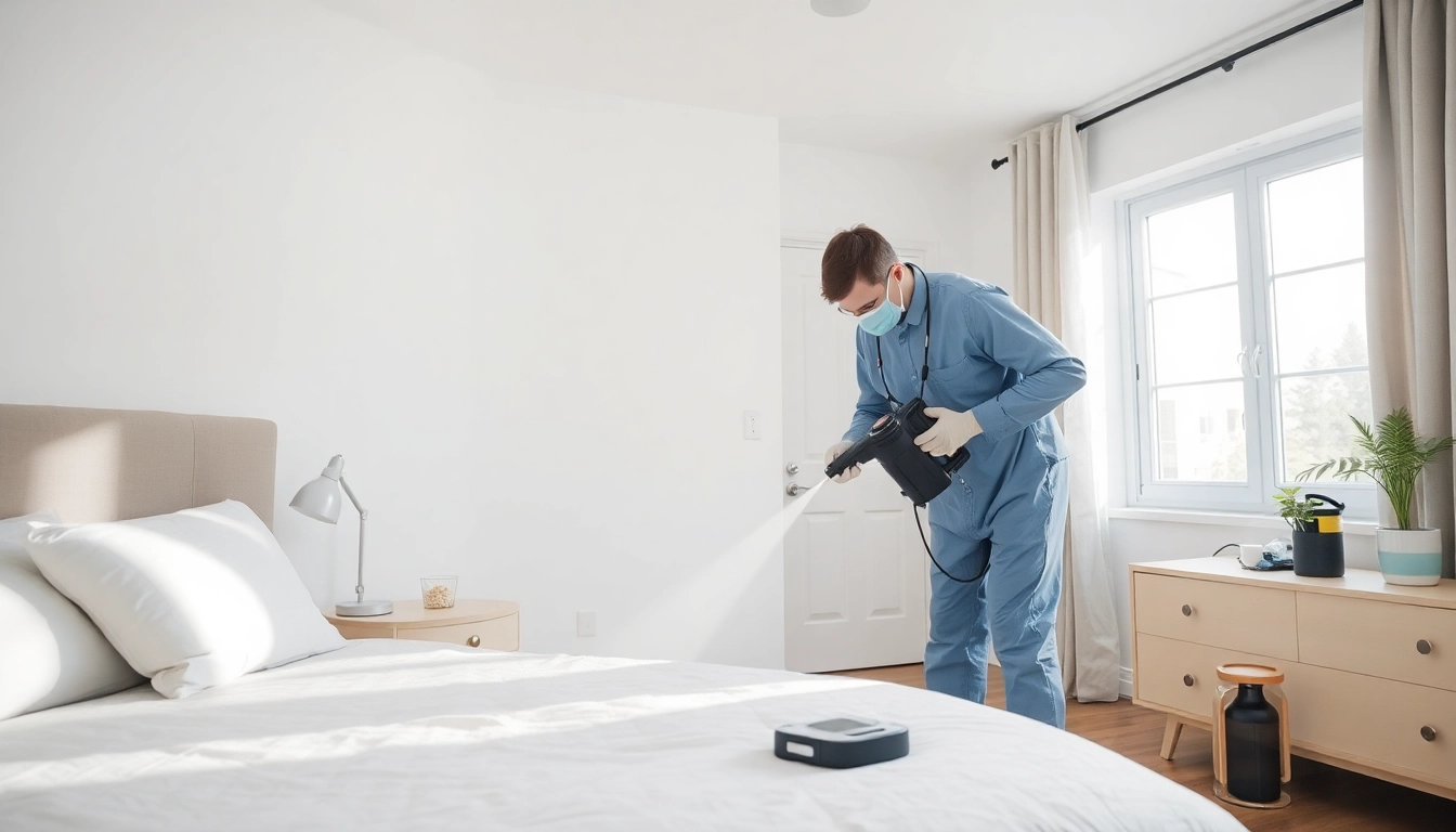 Bed bug exterminators efficiently treating a bedroom with professional equipment.