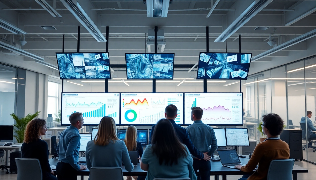 Analyze video surveillance analytics in a modern office with real-time data insights displayed on screens.