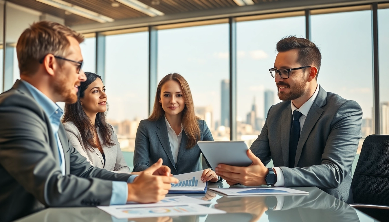 Generate merchant cash advance leads through teamwork and professional discussions in a bright office.