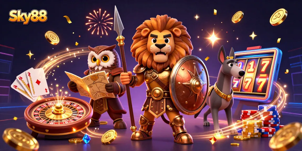 Experience the excitement of Sky88 with a heroic Spartan lion and casino elements in a vibrant 3D scene.