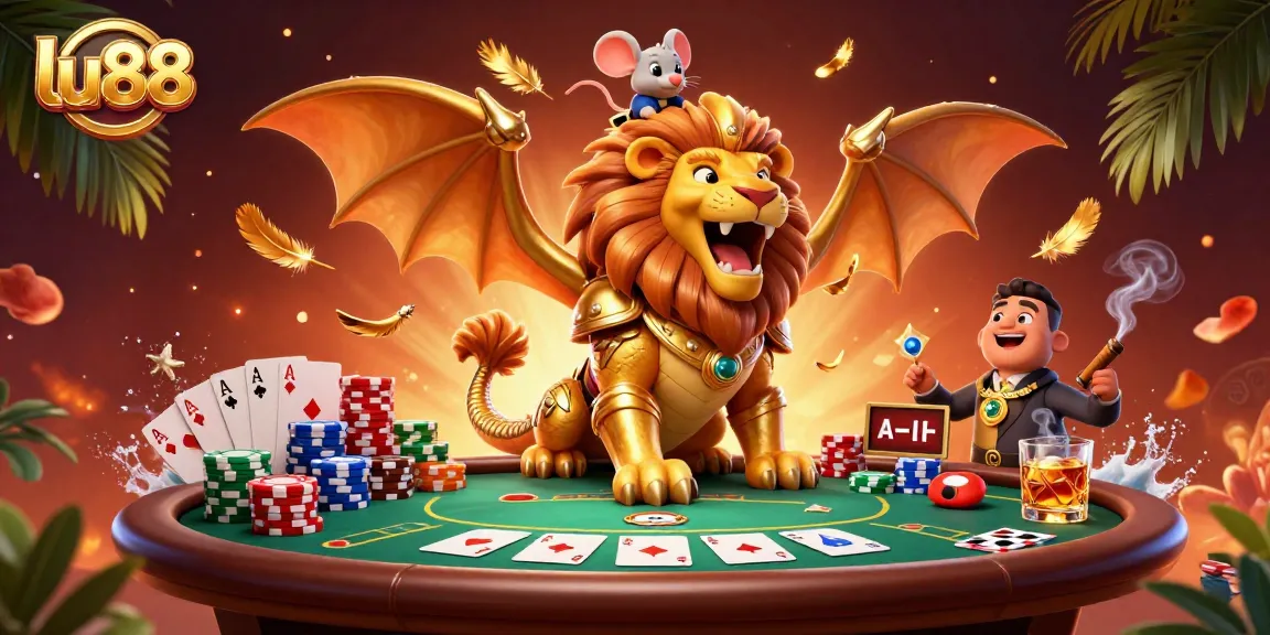 Bet big at LU88 and discover a triumphant chimera surrounded by poker chips and cards.