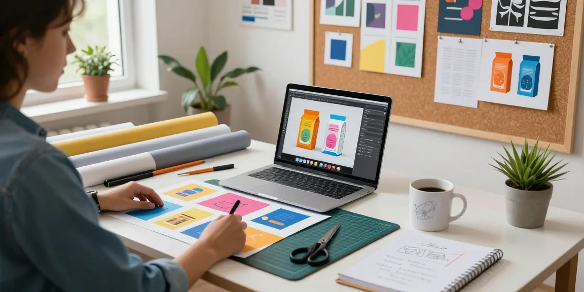 Desainer packaging delapantoto menganalisis maket produk di studio kreatif.