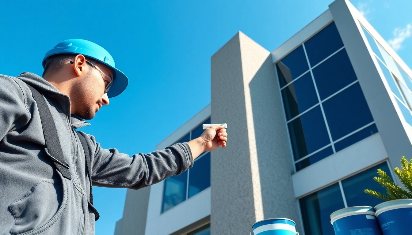 A commercial paint contractor expertly painting a modern office building, displaying skill and vibrant colors.