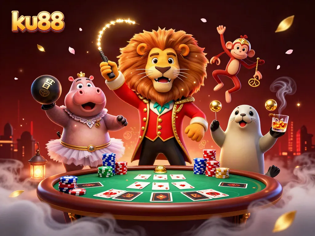 Engage with ku88's vibrant casino scene featuring a 3D lion in a dynamic gambling context.