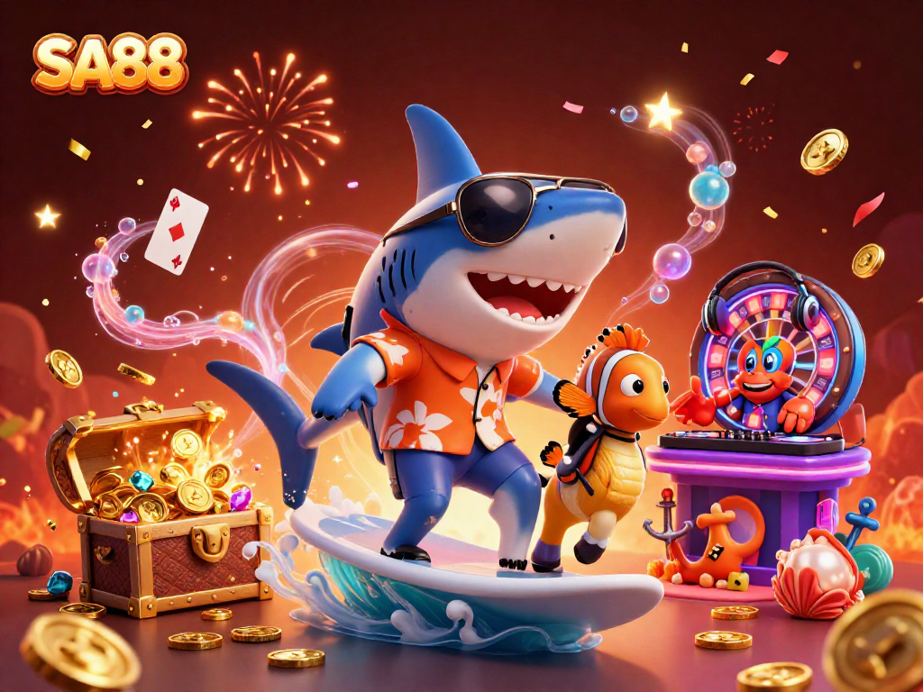 Experience SA88 thrill as a shark surfs gold coins in a vibrant casino scene.