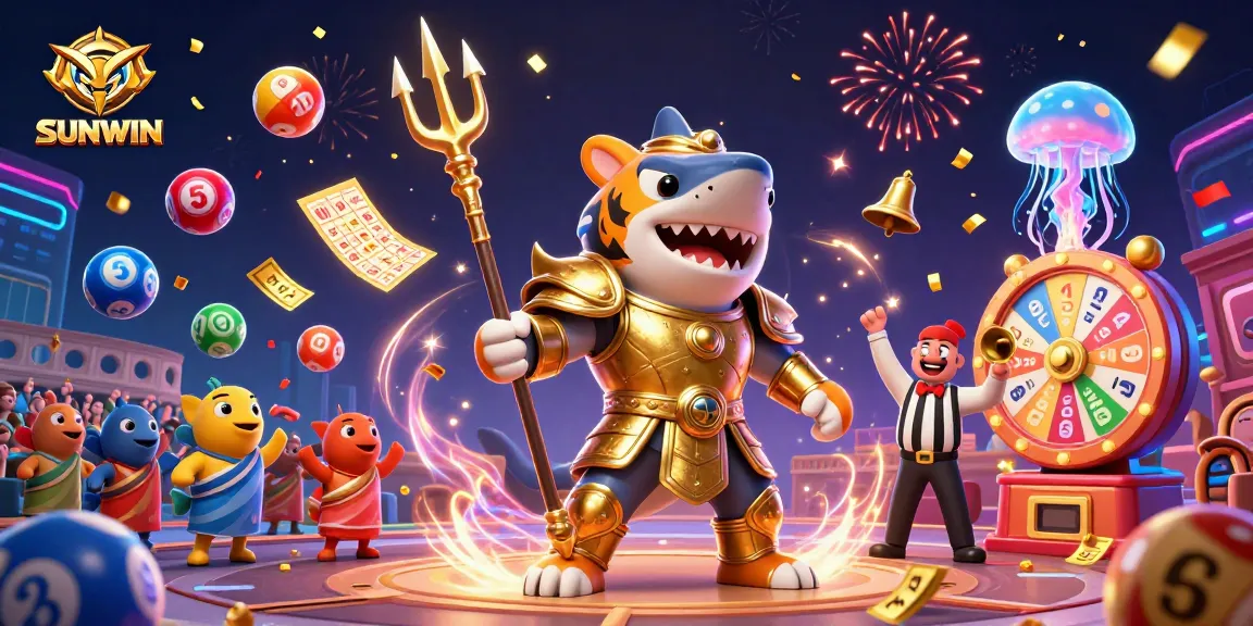 SUNWIN offers thrilling underwater casino action with a vibrant shark gladiator in a festive scene.
