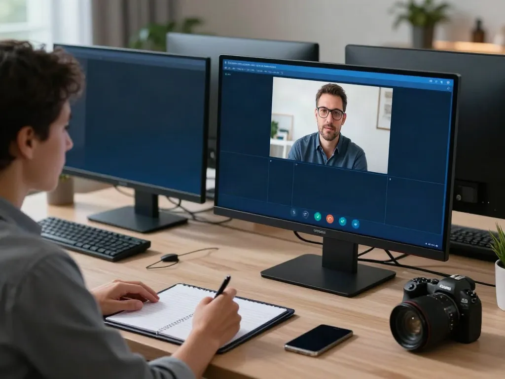 Deepfake protected Online Video Calls, Meetings and Conferencing in a modern home office setup.