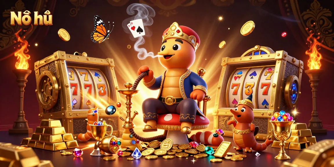 Nổ hũ showcases a vibrant 3D scene filled with gaming excitement featuring symbols of luck and wealth.