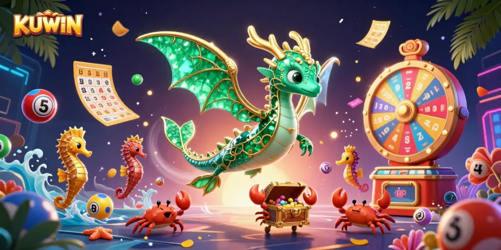 KUWINS' vibrant 3D illustration showcases a sea dragon and gaming elements, symbolizing excitement in online betting.