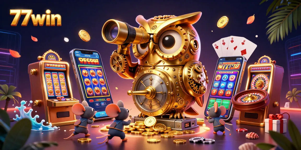 Experience winning strategies at 77win with an immersive casino scene featuring vibrant games and characters.