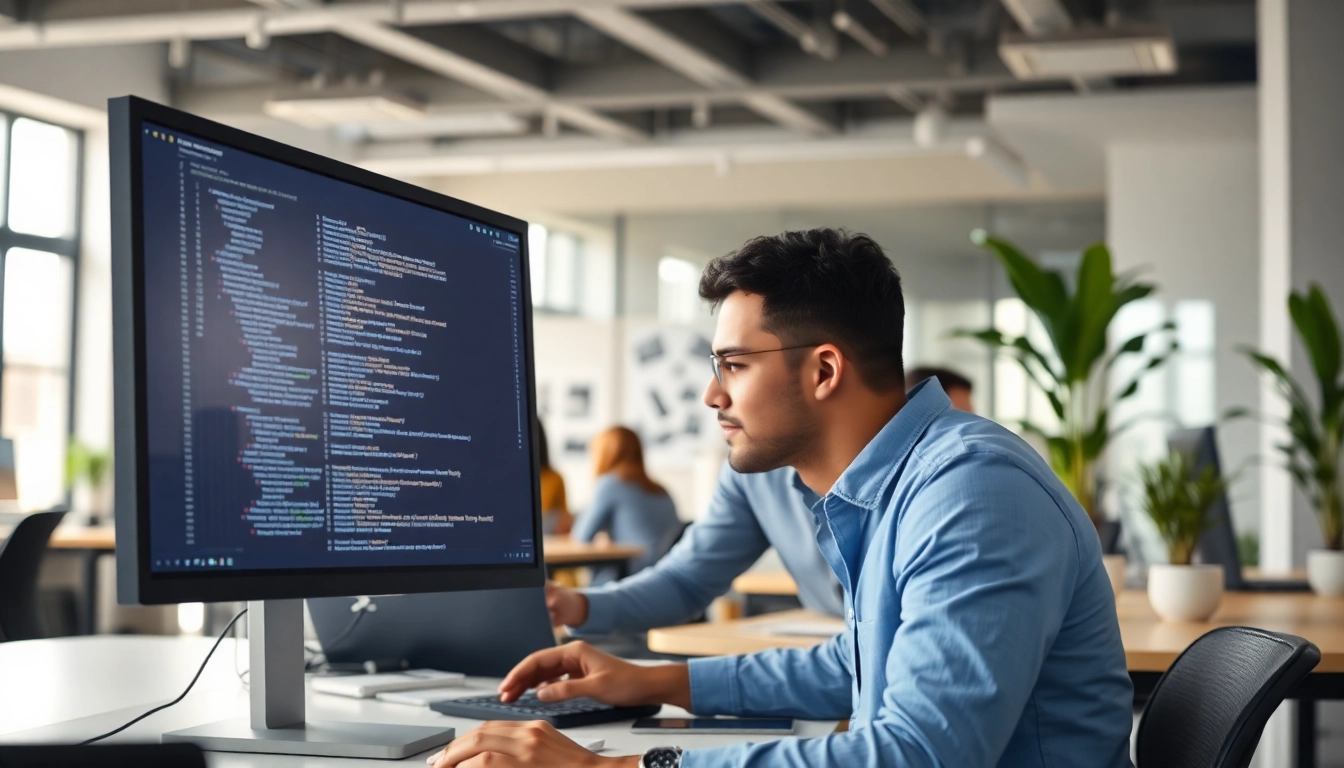 Hire Shopify developer collaborating in a modern office with a computer and diverse team.