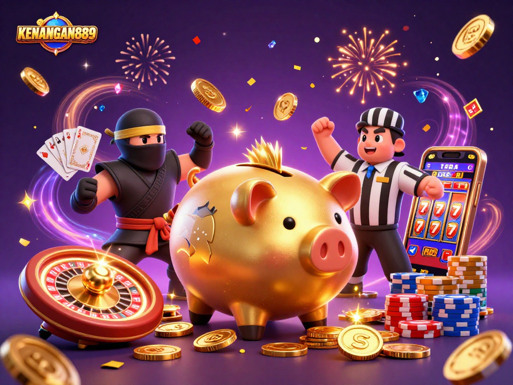Experience the excitement of KENANGAN889 with dynamic casino characters and gold coins flying