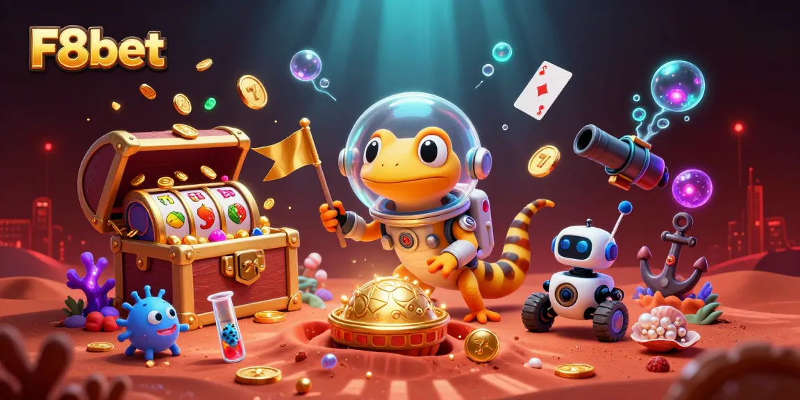 Experience the excitement of F8bet with a Martian gecko discovering a golden casino in a vibrant alien landscape.
