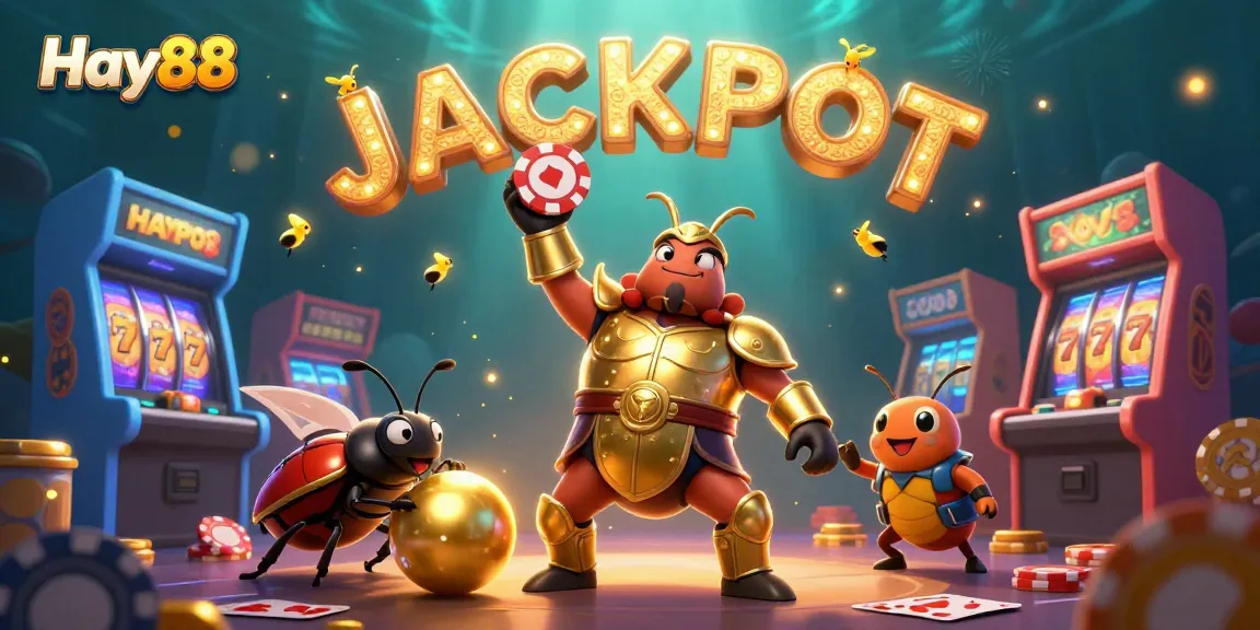 Experience the excitement of Hay88 as a beetle lifts a poker chip in this vibrant casino illustration.