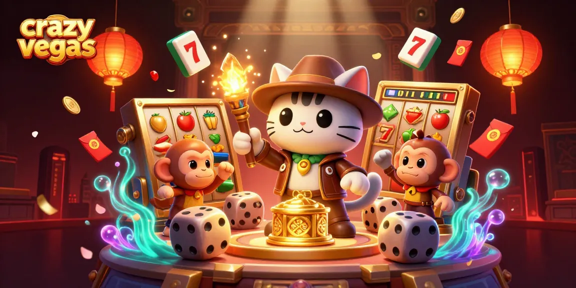 Cats play at crazyvegas, discovering golden artifacts among slot reels and vibrant casino elements.