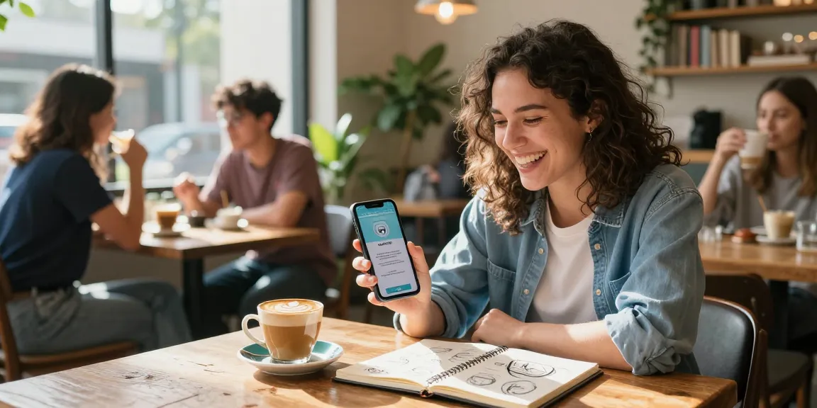 Person using a smartphone app to find out how old do I look in a cozy café setting.