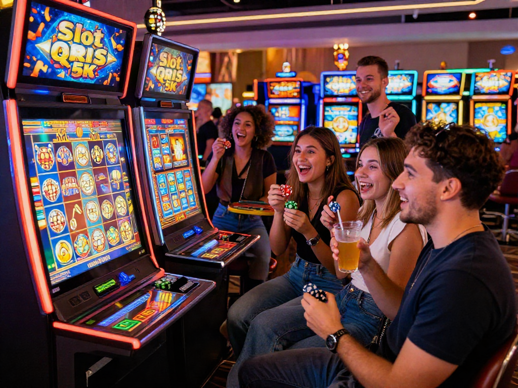 Friends celebrating their wins at the Slot QRIS 5K machine in a lively casino atmosphere.