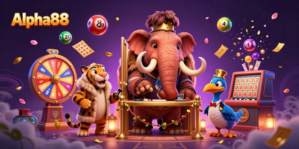 Experience the excitement of Alpha88 with a colorful casino illustration filled with vibrant games and characters.