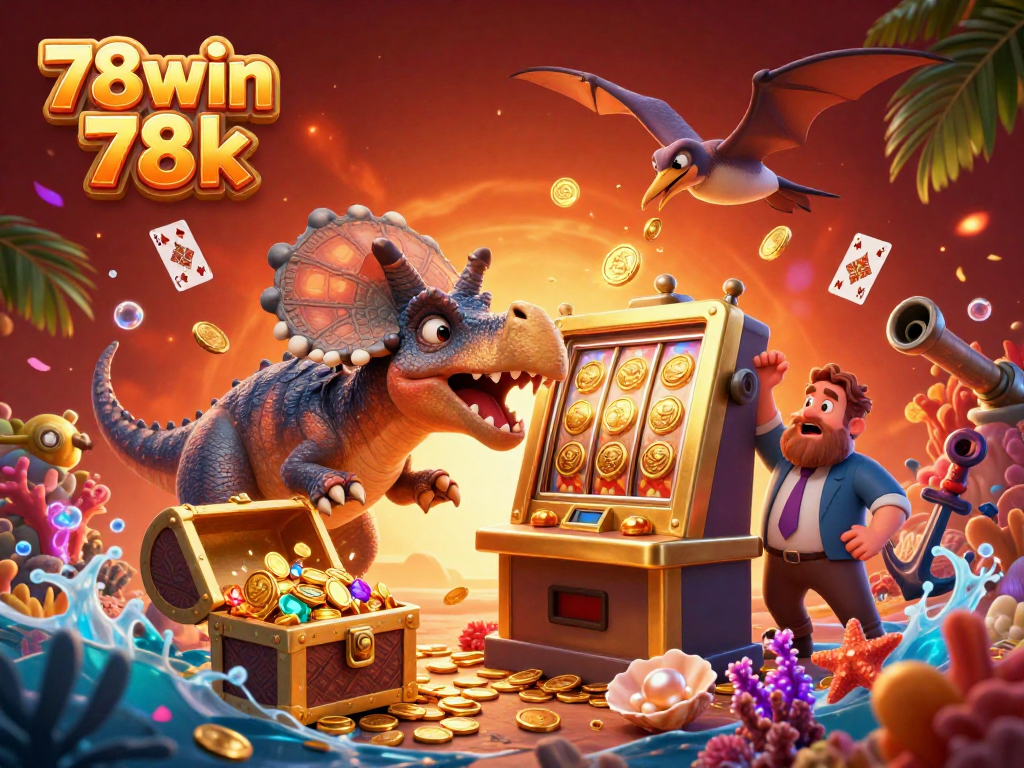 Engaging illustration of 78win 78k where a pachycephalosaurus activates a jackpot on a slot machine amid a colorful casino scene.