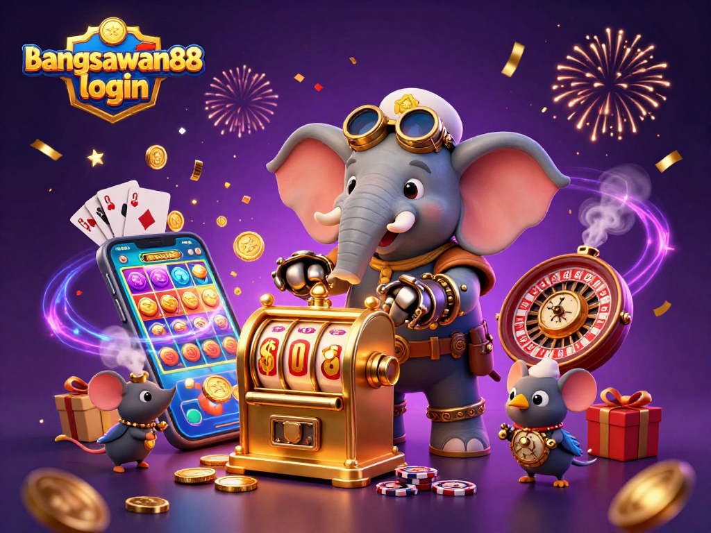 Engage with bangsawan88 login through lively steampunk-themed casino adventure, featuring a colorful slot machine and animated characters.