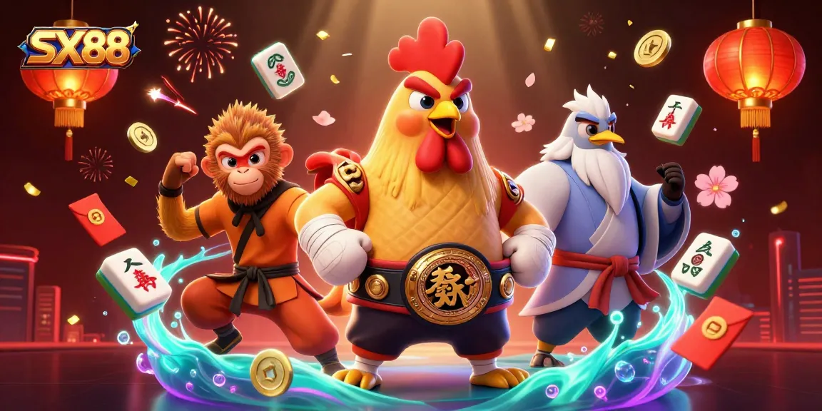 Engage with SX88: A vibrant 3D scene featuring fierce characters and dynamic gaming elements