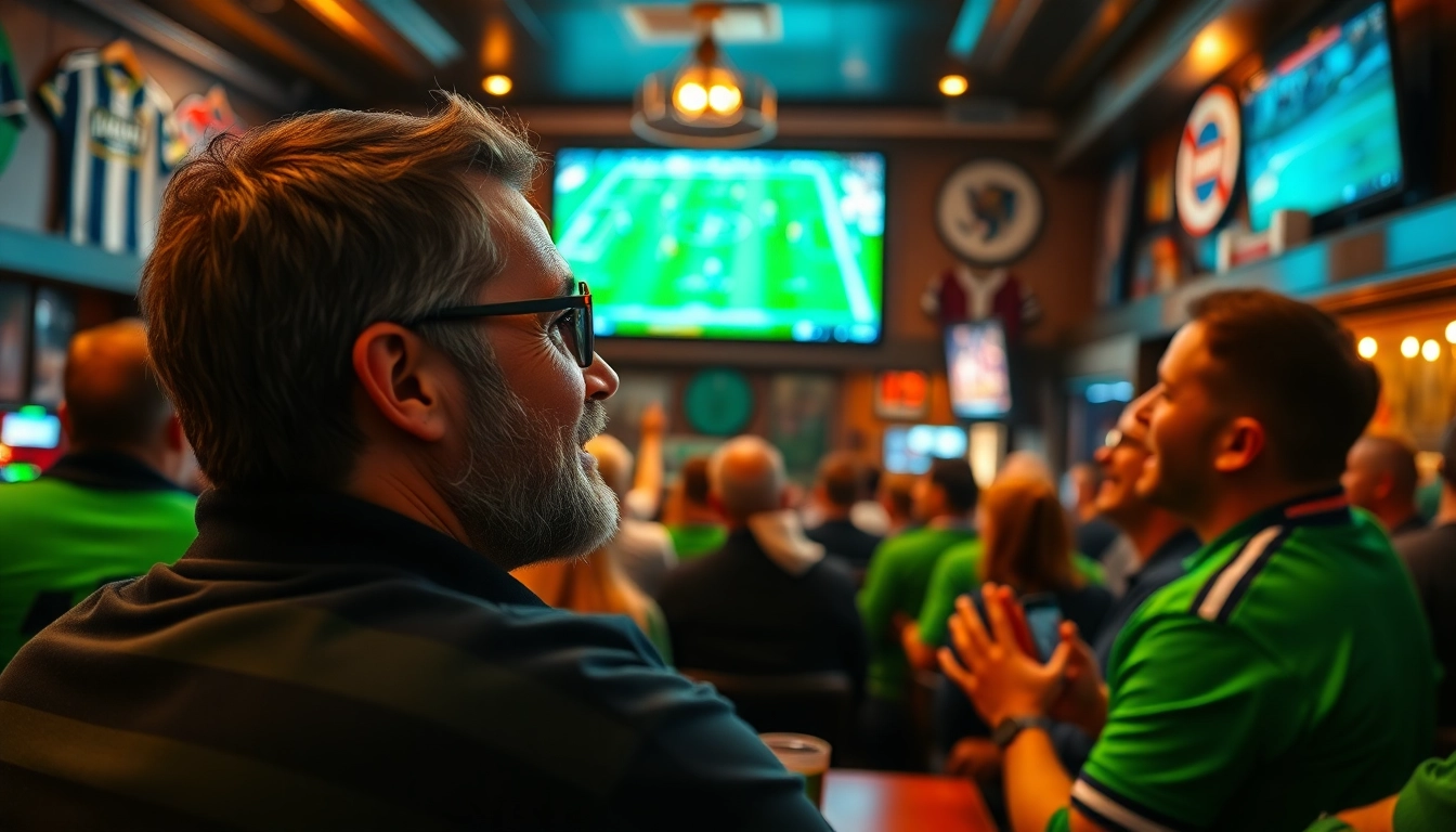 Menikmati pertandingan situs nobar dengan antusias di bar olahraga yang ramai.