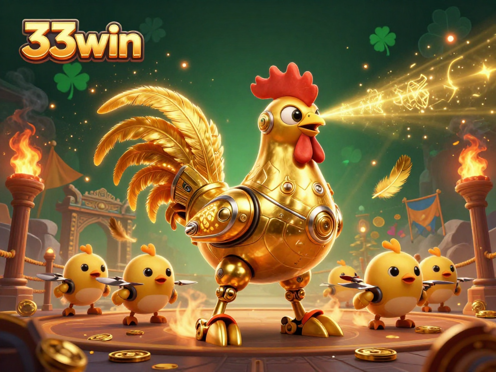 33win offers thrilling gaming experiences with golden rooster robot and baby chick drones in a vibrant arena