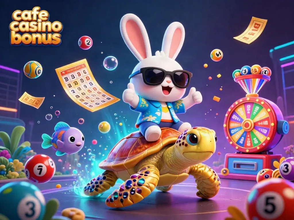Experience the thrill of cafe casino bonus excitement with a dynamic illustration of a lucky rabbit and golden turtle.
