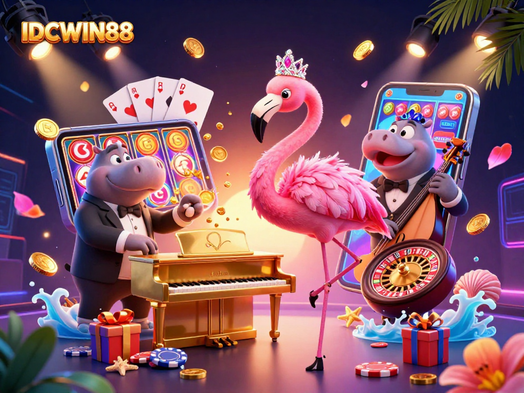 Spin and win with IDCWIN88's vibrant gaming scene featuring a flamingo singer and hippo bassist.