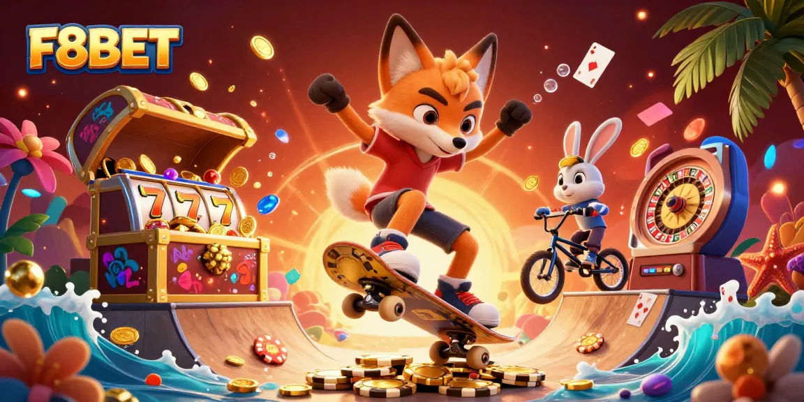 F8BET spins excitement with a cartoon skateboarder fox and BMX-riding rabbit amidst casino elements.