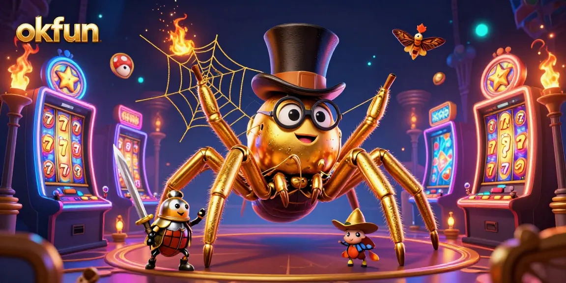 Engage with okfun's vibrant casino scene featuring a golden tarantula weaving a web among slot machines.