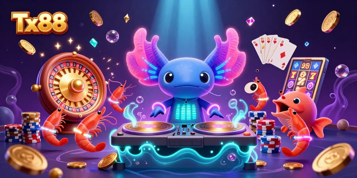 Experience excitement at Tx88 with a lively axolotl DJ and dancing casino creatures.