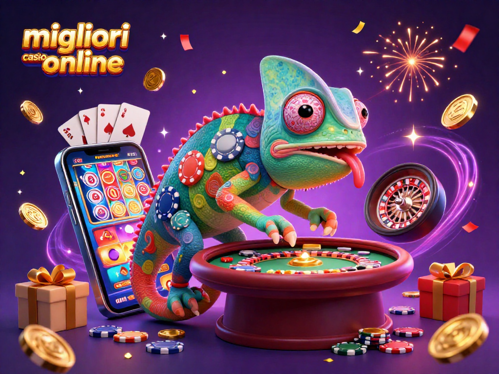 Scopri i migliori casino online con un camaleonte colorato che attrae monete d'oro.