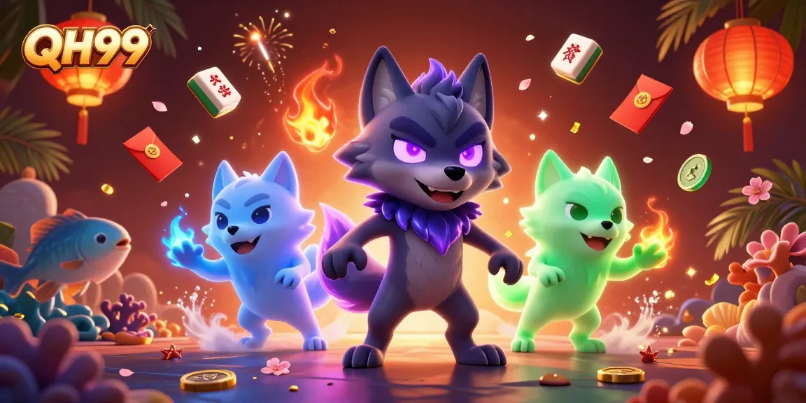Engage with QH99's vibrant fish shooting action with glowing wolves, fireworks, and fortune symbols.