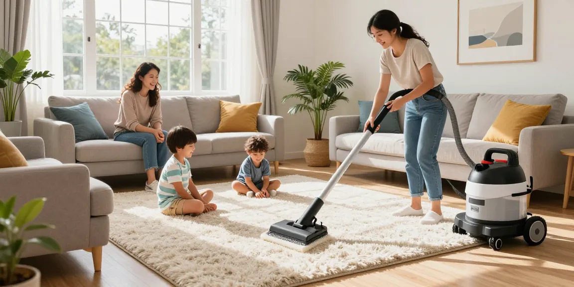 Carpet cleaning Buffalo NY scene with a family enjoying their fresh carpets and professional cleaning process in a warm living room.