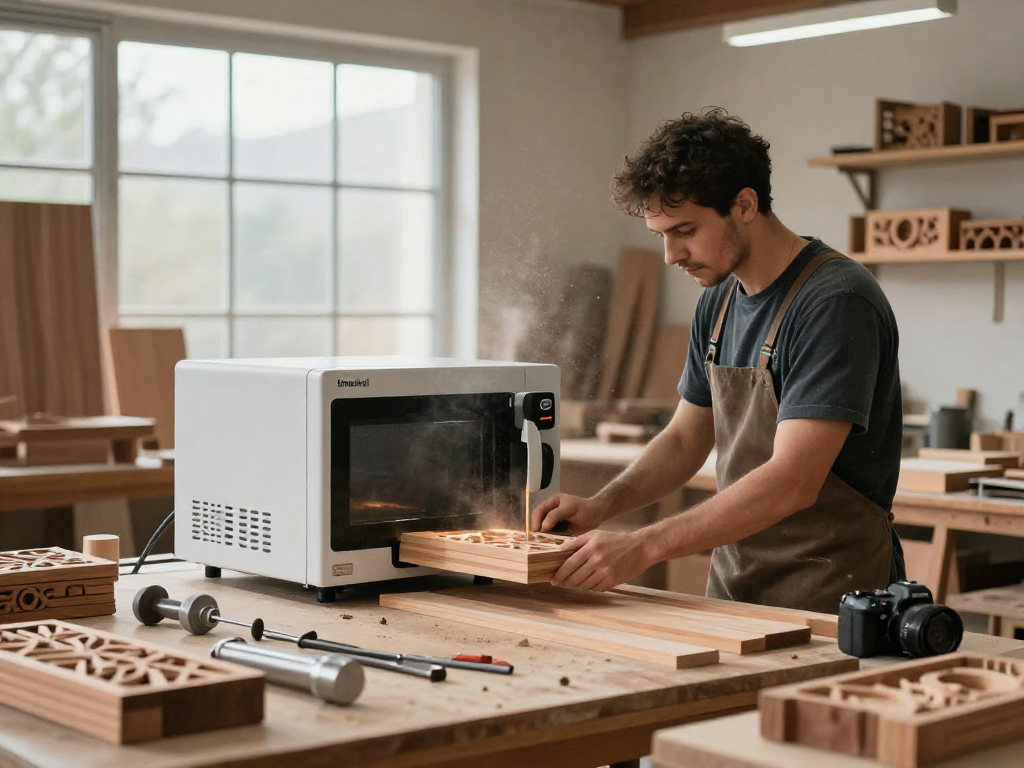 Shashel equipment in action, artisan eliminating pests from wood in a modern workshop.