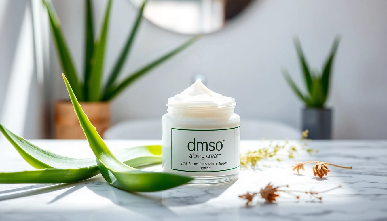 Apply dmso cream for soothing irritated skin with natural ingredients displayed.